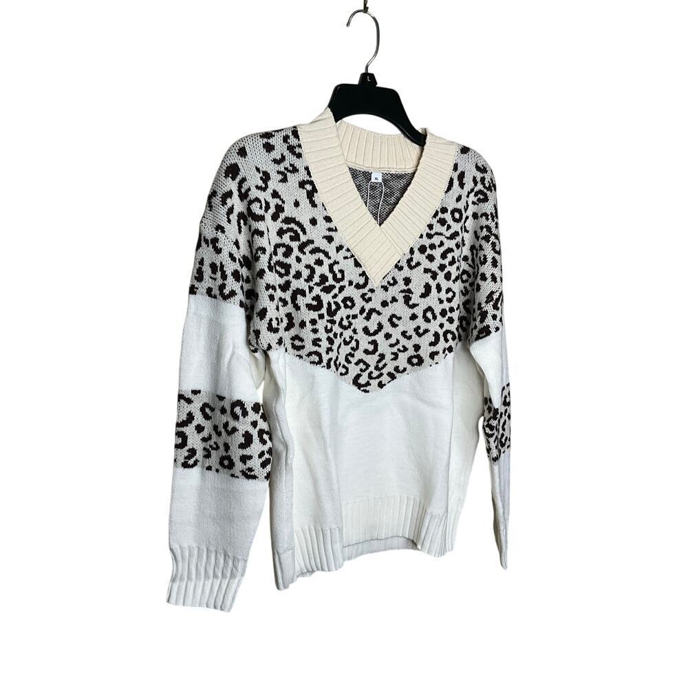 Made With Love Leopard V-Neck Sweater Ribbed Knit Pullover Beige Black Sz XL NWT
